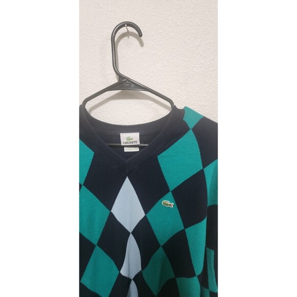 Lacoste Pullover Argyle V-Neck Sweater Men's Sz 7/L Long Sleeve Logo Blue Green - Picture 2 of 7